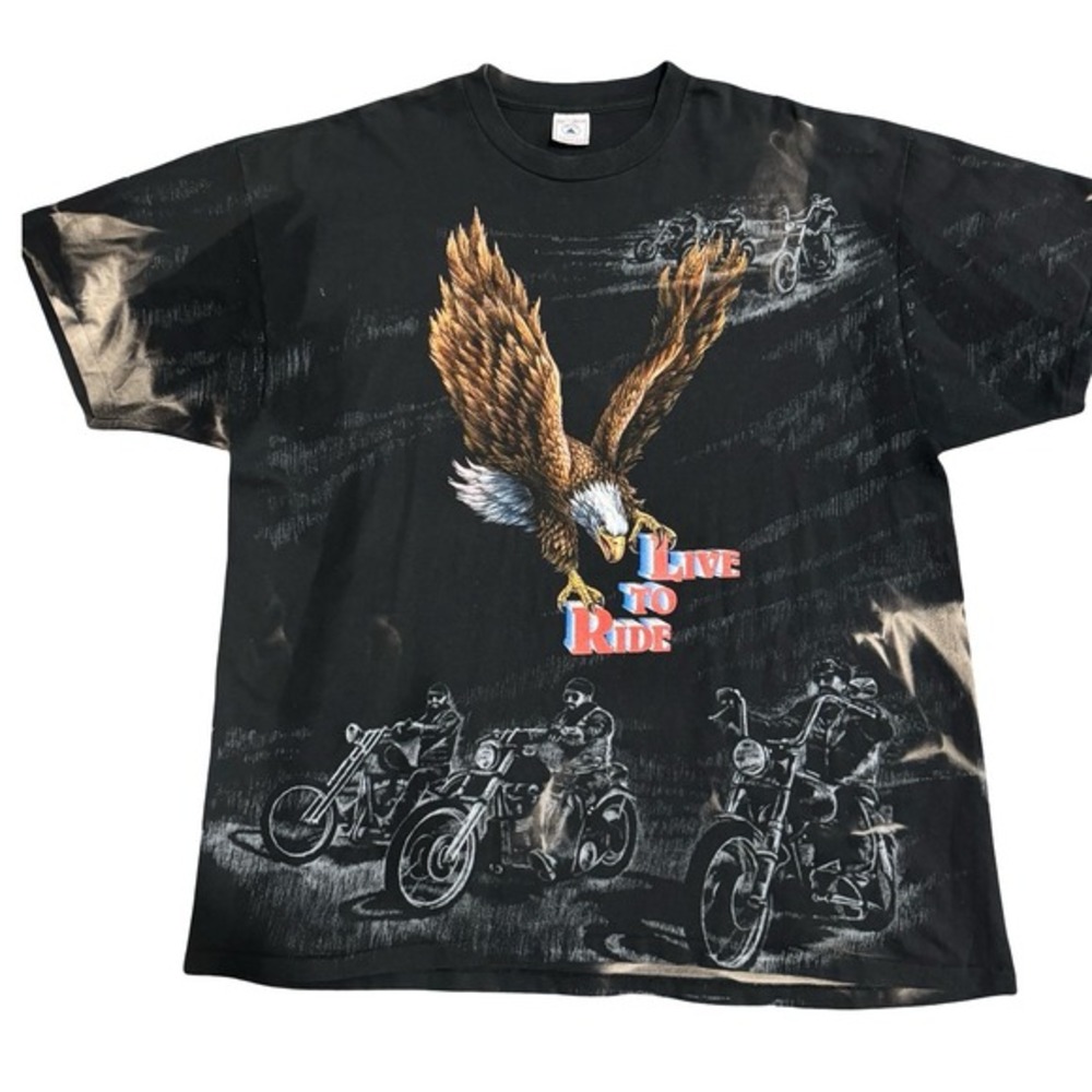 Vintage 90s Single Stitch Biker AOP Eagle Live‎ To Ride T-Shirt XXL Delta USA